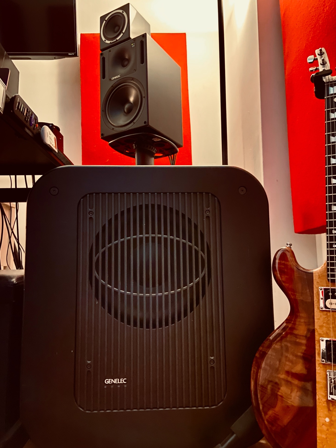 Studio subwoofer, monitor, and bass guitar